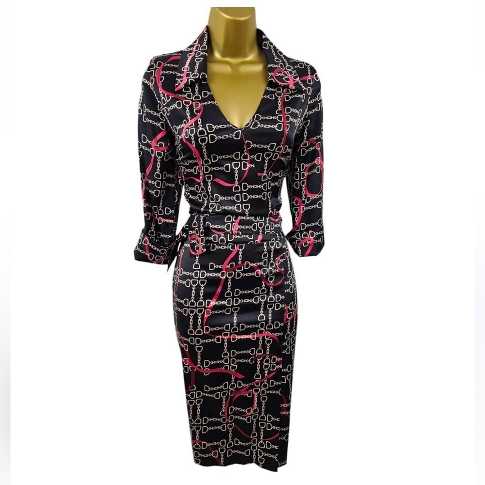 Karen Millen Black and Pink Ribbons and Chain Midi Dress